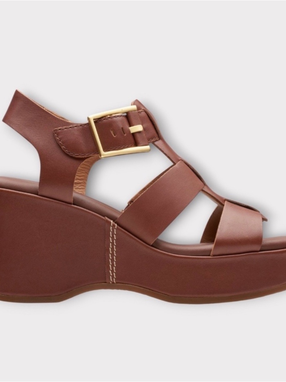 Clarks Brown Leather Wedge Sandals with Gold Buckle